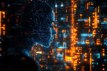 Fototapeta premium Futuristic digital illustration of a human head composed of intricate blue and orange circuit patterns, symbolizing artificial intelligence, machine learning, and cybernetic technology.