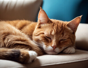 A pretty cat is sleeping comfortably on the couch.