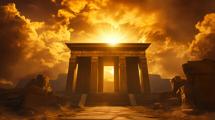Fototapeta premium Golden sunlight illuminating ancient temple ruins with dramatic skies. Mystic Radiant Temple. Illustration
