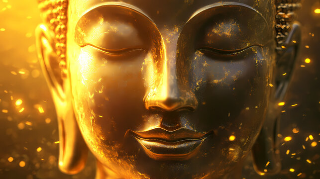 Golden buddha face close-up with peaceful expression and radiant glow. Mystic Radiant Temple. Illustration