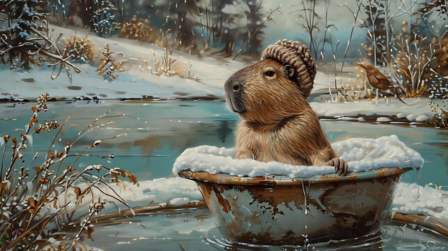 Capybara sitting in a bathtub outside in a snowy landscape, wearing a wooly hat