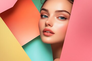 Creative graphic layout featuring a woman with striking makeup on colorful background