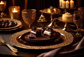 Fototapeta premium decadent cocoa drizzled luxurious dessert platters featuring attrative designs rich textures ultimate gourmet experience, chocolate, food, sweetness