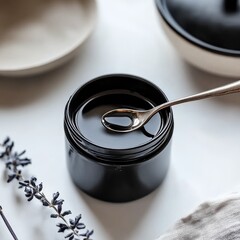 Dark Shilajit resin in an open jar with a silver spoon on a light colored background.