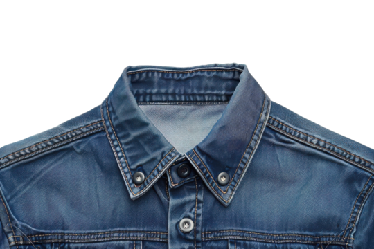 Stylish denim shirt detail layout showcasing buttons and collar design on a minimalist background isolated on transparent background