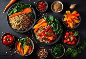 vibrant plant based meal compositions displayed dark slate background featuring colorful nuts visual appeal, vegetables, grains, herbs, spices, textures