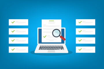 Online digital document inspection or assessment evaluation on laptop computer, contract review, analysis, inspection of agreement contract, compliance verification.	
