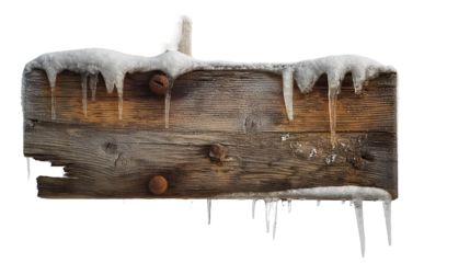 Frozen Wooden Sign Winter Icicles and Snow, Rustic Background for Cold Rural Themes, isolated on transparent background.