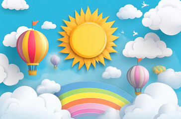 Sfondo per bambini con arcobaleno, sole, nuvole e mongolfiere. 