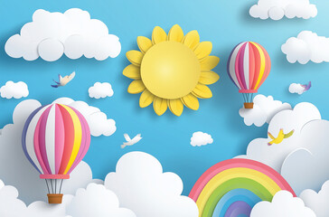 Sfondo per bambini con arcobaleno, sole, nuvole e mongolfiere. 