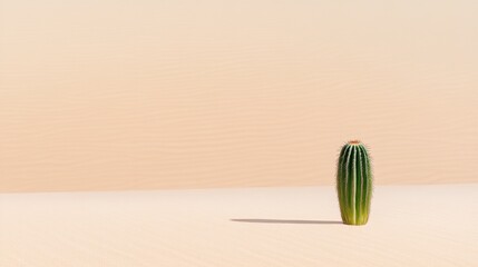 In an expansive desert a solitary cactus emerges from the warm sand distorted by heat waves. The vast emptiness creates a minimalist beauty offering ample copy space for design