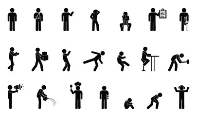 stick figure people pictogram, set of human silhouettes, man icon, various poses, gestures and movements