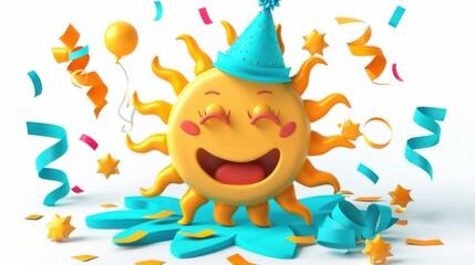 Naklejka premium Sun icon with a party hat and streamers, ready to celebrate, on a white background
