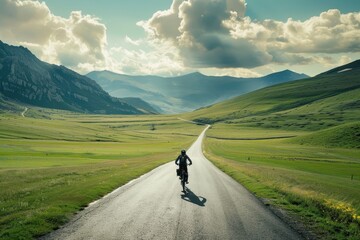 Fototapeta premium Cyclist riding along a winding road through scenic mountains and valleys in daylight