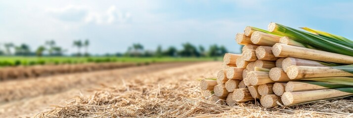 Freshly cut sugarcane stalks rest on the ground showcasing their vibrant color against a backdrop of softly blurred sugarcane fields and a bright sky inviting a sense of warmth and natural beauty