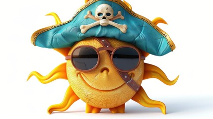 Naklejka premium Sun icon with a pirate hat and eye patch, on a fun adventure, isolated on white
