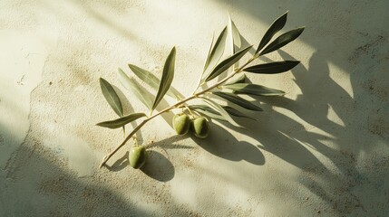 A single olive branch adorned with a few fresh olives rests on a blank surface illuminated by soft lighting that creates minimal shadows allowing ample copy space for creative designs