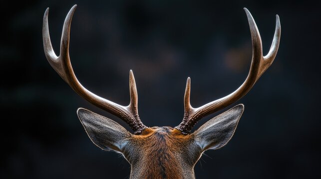 Deer head with large antlers close-up, rear view
