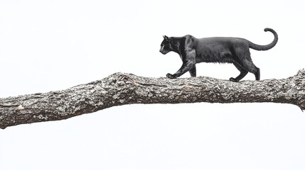 Obraz premium Graceful black panther walking on a tree branch with textured bark on white background.