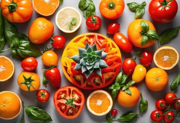 Fototapeta premium vibrant flat lay composition fresh colorful ingredients featuring fruits bright background, colors, vegetables, herbs, textures, arrangement, kitchen, styling