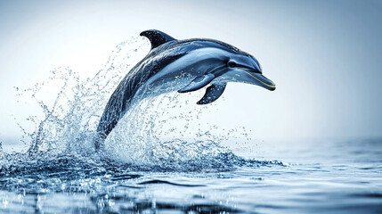 Obraz premium Playful dolphin leaping out of ocean waters against a scenic horizon.