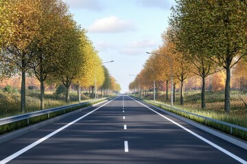 Serene autumn road lined with vibrant trees under a clear sky