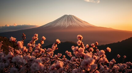 Majestic Mount Fuji, Japan's iconic volcano, displays autumn colors under a vibrant sunset sky, a breathtaking nature landscape