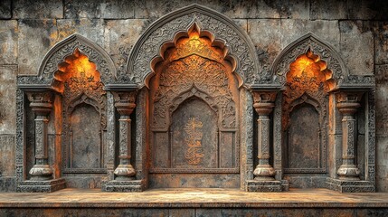 Obraz premium Ornate stone archway, illuminated niches, ancient backdrop, design element