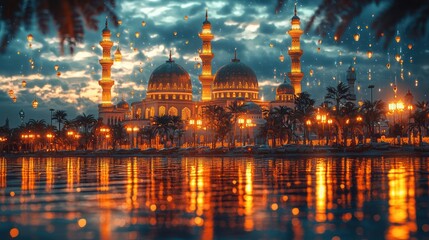 Fototapeta premium Illuminated Mosque at Night, Festive Sky, Water Reflection, Celebration (1)