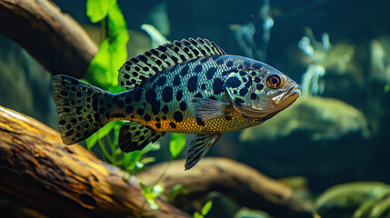 Spotted freshwater fish swimming in clear river among submerged logs and aquatic plants.