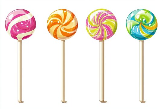 Set of colorful sweet cute lollipops chupa chups. Round multicolored candies on a stick in cartoon style.