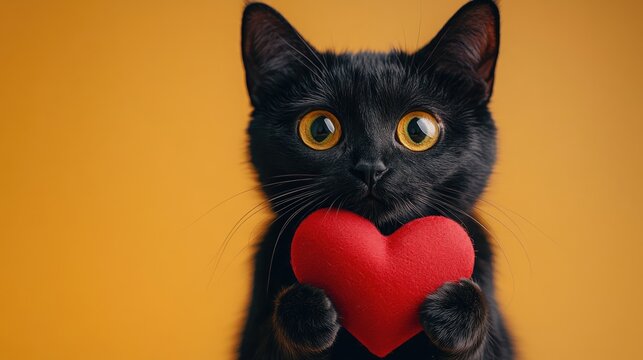A cute black cat holds a red heart, symbolizing love and affection.