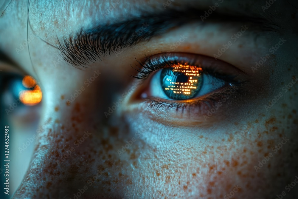 Poster reflections of programming code in the eyes of a focused programmer working late at night