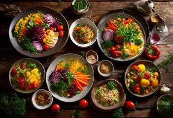 vibrant artfully arranged colorful plated food showcase assorted ingredients beautiful presentation elements, appetizing, arrangement, artistry, banquet