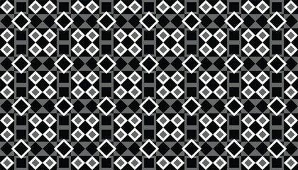 Seamless geometric pattern combination of diamond and square shapes. Arranged in a checkerboard pattern. Black, white, and gray are used to create a contrasting and visually appealing design