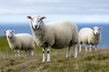 Obraz premium Sheep grazing peacefully on a hillside with a distant view of the sea