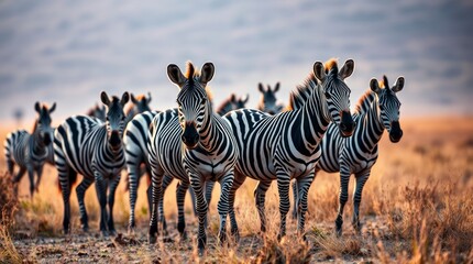 Obraz premium Striped Zebras in African Savanna Sunset