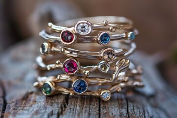Elegant gold rings adorned with colorful gemstones resting on textured stones in natural light during the day