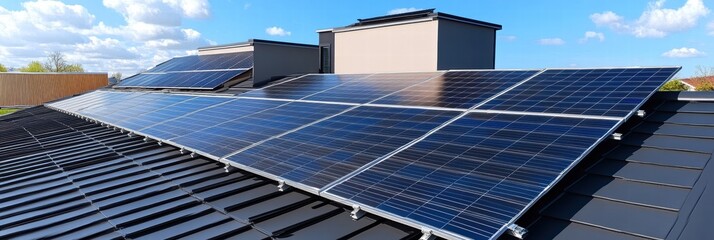 Obraz premium Solar panels efficiently harnessing energy on a modern residential roof