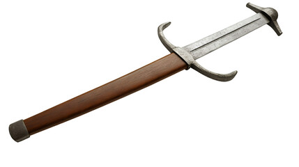 Studio shot of a medieval parrying dagger with wooden handle and metal blade, isolated on a transparent background