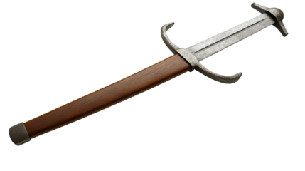 Studio shot of a medieval parrying dagger with wooden handle and metal blade, isolated on a transparent background