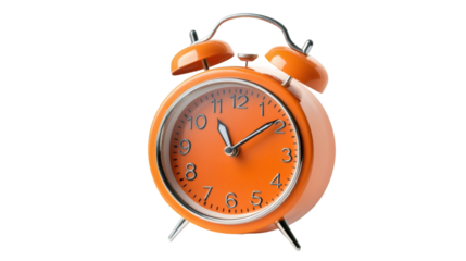 Orange alarm clock ringing showing nine o'clock on transparent background, concept of time, deadline, and morning awakening