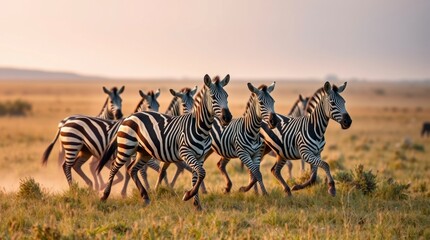 Obraz premium Zebras Running Wild African Savannah Sunset Landscape