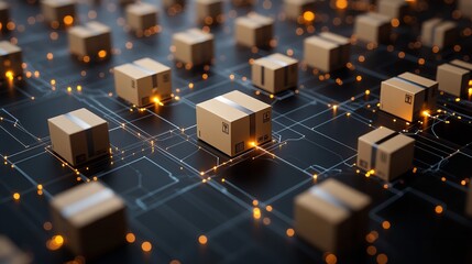3D Rendering of Cardboard Boxes Connected by Glowing Data Lines, Global Logistics Concept