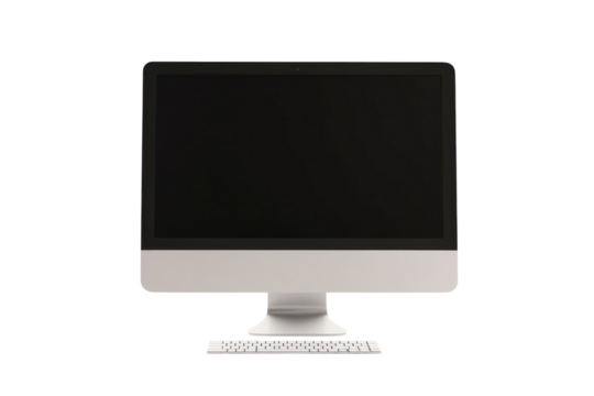 Sleek modern desktop computer with empty screen against a minimalist white backdrop isolated on transparent background