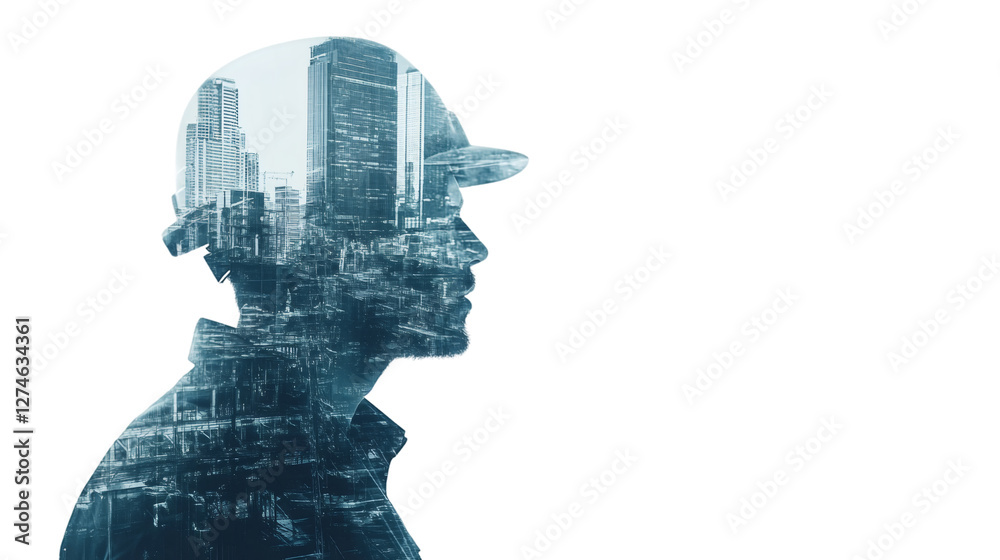 Aufkleber profile of architect wearing helmet, planning new urban project with double exposure effect and tran
