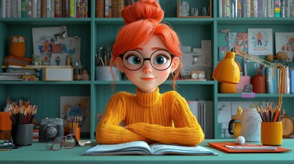Girl studying in a creative workspace, bookshelves background; educational, website use