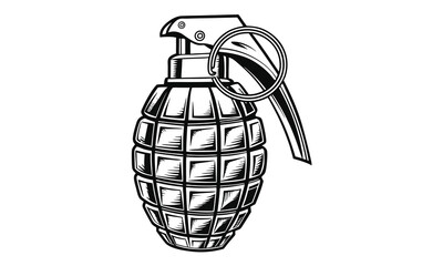 Hand Grenade bomb vector iilustration, monochrome concept, hand drawn illustration, detailed artwork, minimalist design, isolated on a white background