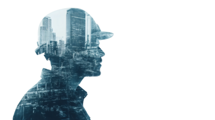 Profile of architect wearing helmet, planning new urban project with double exposure effect and transparent background