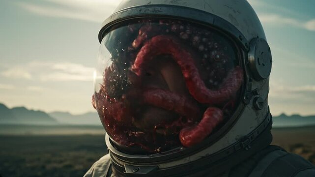 astronaut with a painful face by an extraterrestrial alien attack under the helmet on a sci-fi planet, science fiction movie still